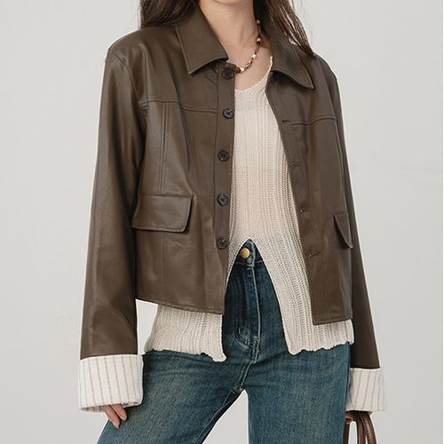 Zylinia - Plain Faux Leather Single-Breasted Jacket | YesStyle