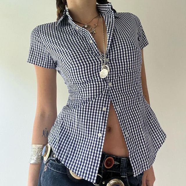 Honet-Short-Sleeve Plaid Button-Up Shirt