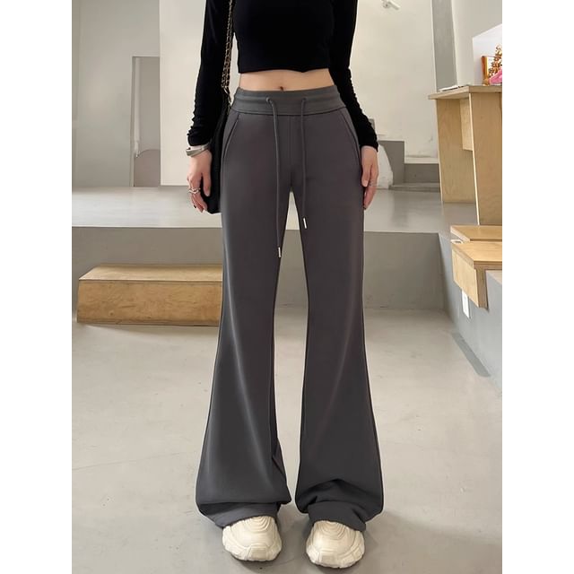 Dovitade-Drawstring Waist Plain Flared Sweatpants