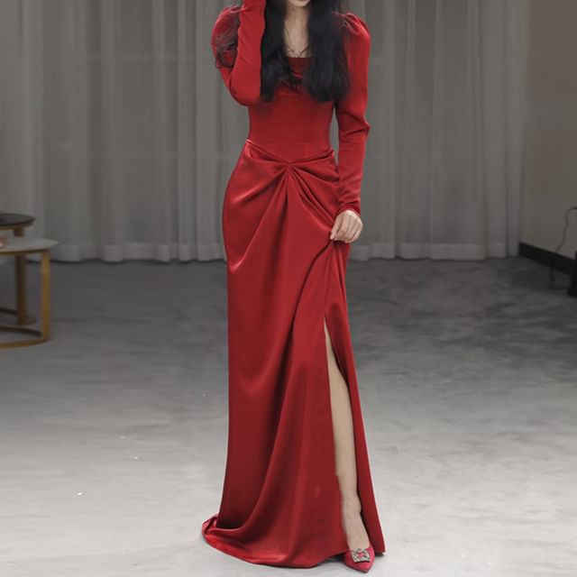 Fioridi-Long-Sleeve Square Neck Plain Ruched Slit Mermaid Evening Gown