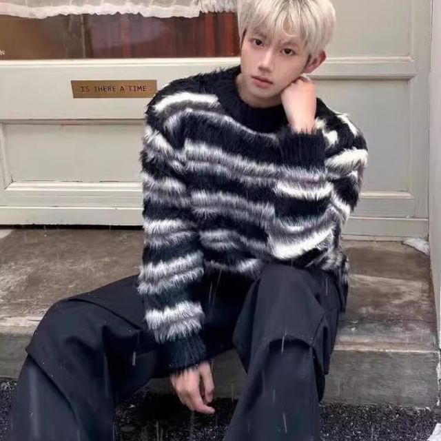 Real Boy-Round Neck Striped Oversized Fluffy Sweater