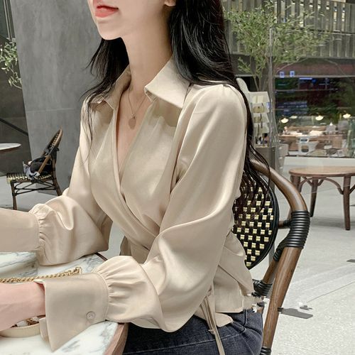 Janigidle - Long-Sleeve V-Neck Collared Tie-Waist Plain Satin Blouse