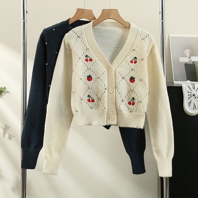 トップス Embroidered Design Summer Knit Cardigan Lemongrass - Embroidered Summer-Knit Cardigan | YesStyle