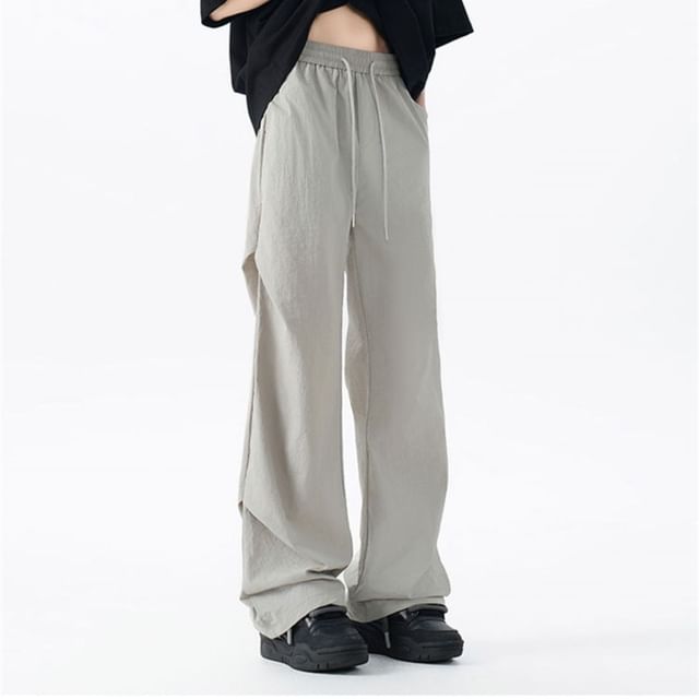 FOEV-Drawstring Waist Plain Wide Leg Cargo Pants