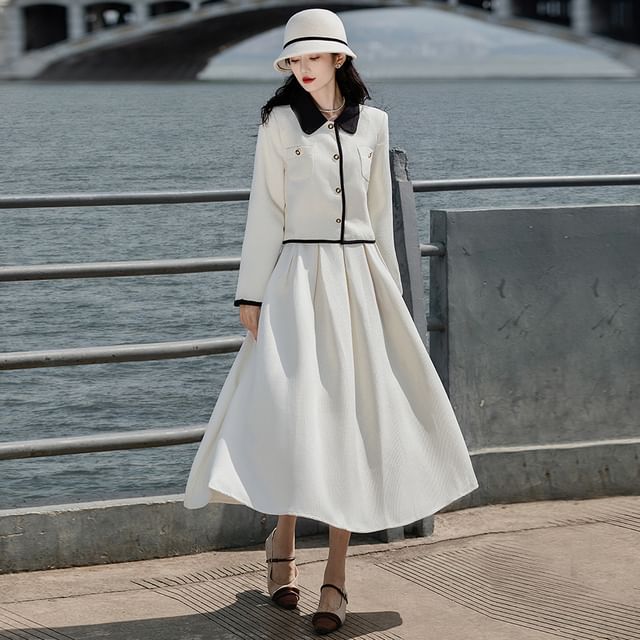 sansweet-Set Collared Button-Up Tweed Jacket High Rise Maxi A-Line Skirt