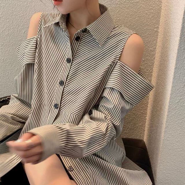 Everose-Cold-Shoulder Striped Shirt