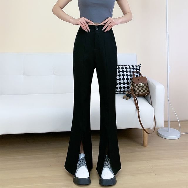 Woohan-High Rise Plain Front-Slit Flared Pants