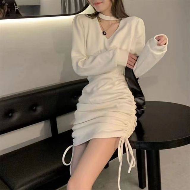 Everose-Long-Sleeve Mock Neck Plain Cutout Drawstring Mini Sheath Dress