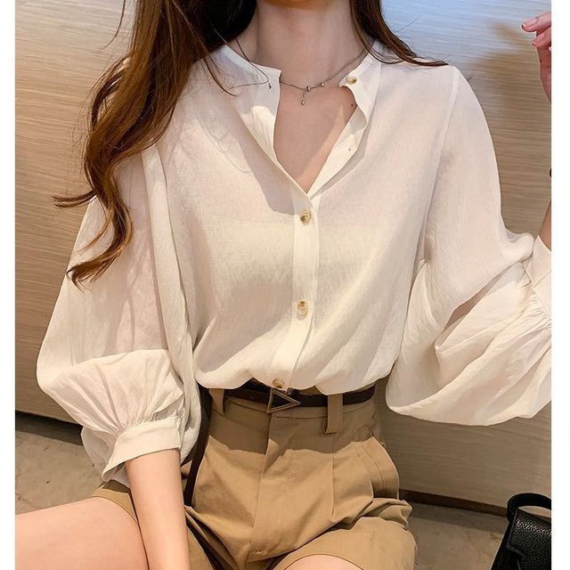 Inchioh-Long-Sleeve Plain Blouse