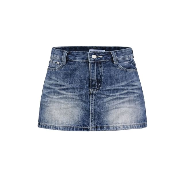 Ulark-High Rise Washed Denim Mini A-Line Skirt