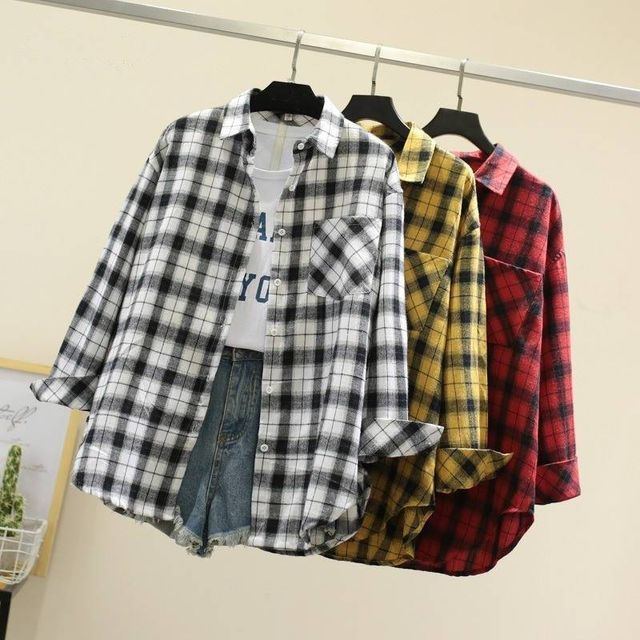 Sienne-Long-Sleeve Collared Plaid Shirt