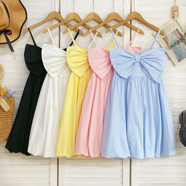 Iasia-Spaghetti Strap Plain Bow Mini Sundress