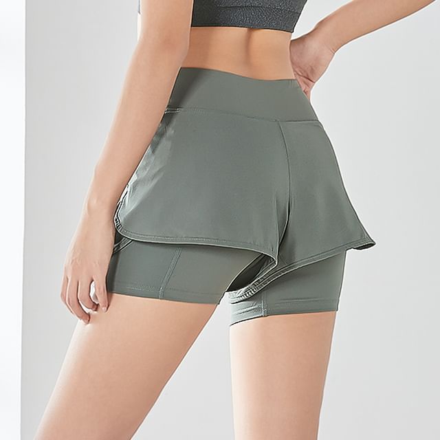 Doowex-Mock Two-Piece High Waist Plain Running Shorts