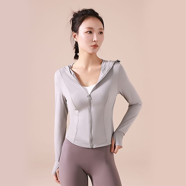 Doowex-Hooded Zip-Up Plain Crop Sports Jacket