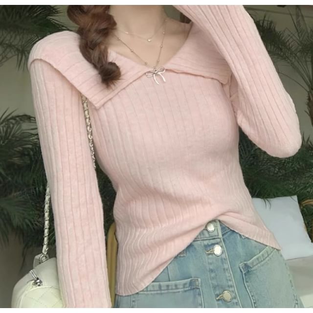 Trendycas-Collared V-Neck Plain Ribbed Knit Sweater