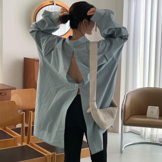 Jesong-Plain Open Back Button-Up Shirt