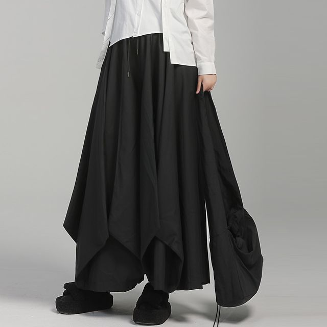 SIMPLE BLACK-Drawstring Waist Plain Culottes