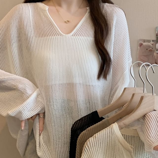 GOUB-Long Sleeve V-Neck Plain Oversized Top