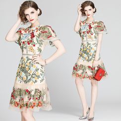 Yonna - Short-Sleeve Floral Embroidered A-Line Dress