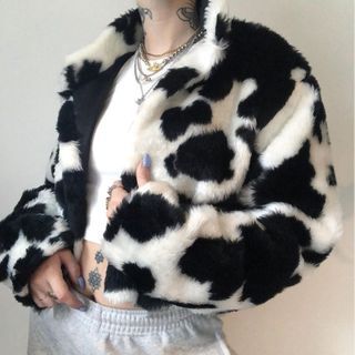 cow print fluffy coat