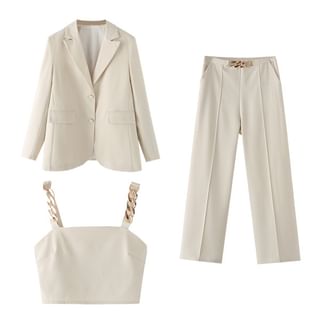 Avauntgardo Set: Lapel Collar Plain Single Breasted Blazer + Crop Camisole Top