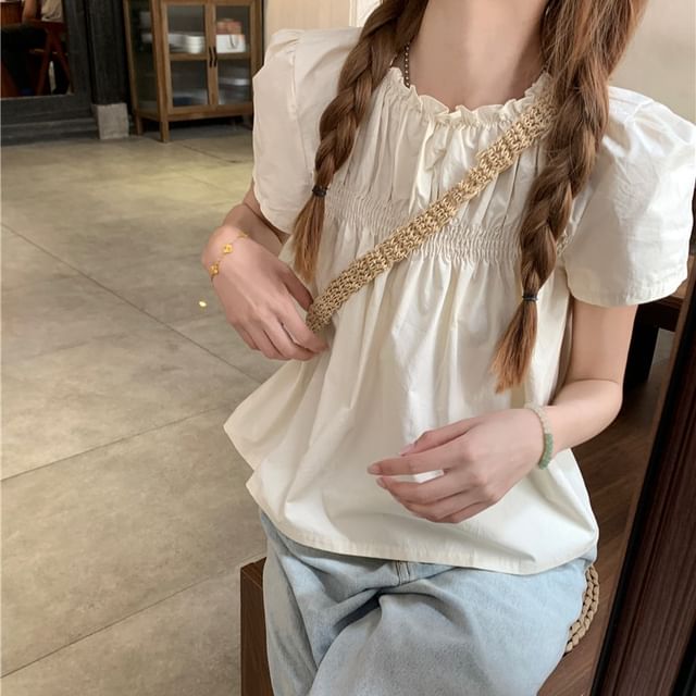 Beem-Short-Sleeve Plain Ruffled Blouse