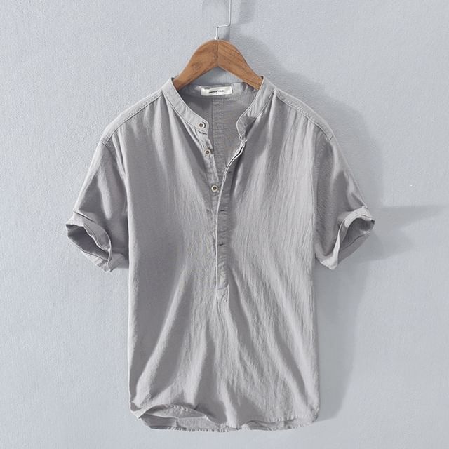 Nataro-Short-Sleeve Henley Plain Shirt
