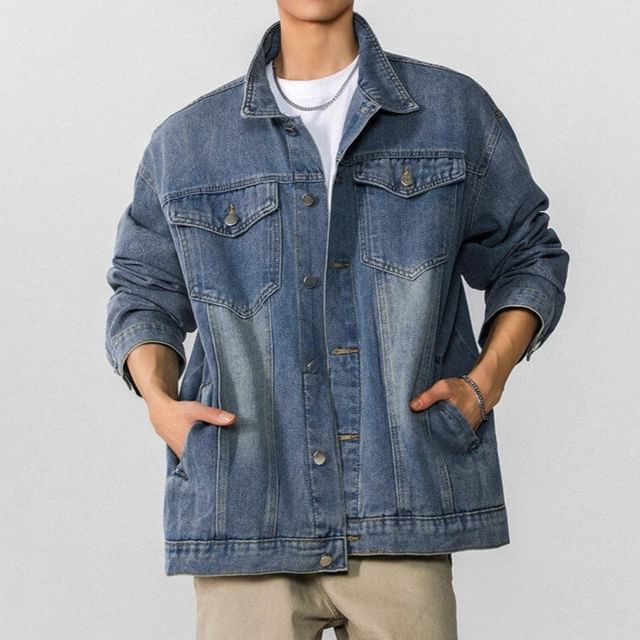 FOEV-Collared button-Up Denim Jacket