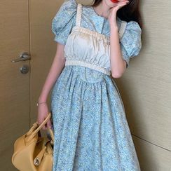 Grendi - Balloon-Sleeve Floral Print Midi A-Line Dress / Shirred Cropped Camisole Top Grendi - Balloon-Sleeve Floral Print Midi A-Line Dress / Shirred Cropped Camisole Top