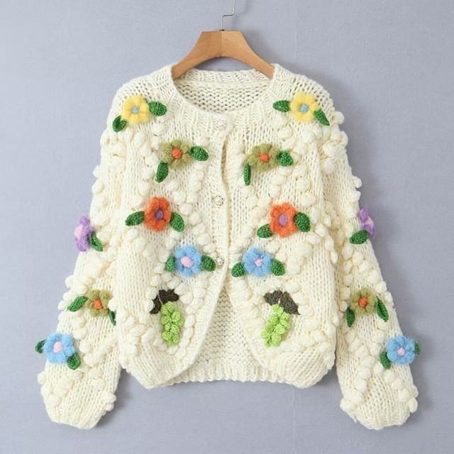 Dewewan - Round Neck Floral Crochet Faux Pearl Button Cardigan