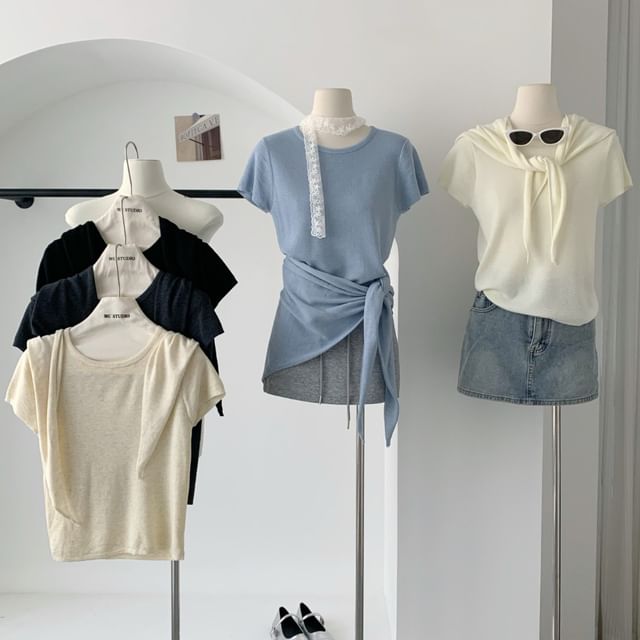 Dute-Set Short-Sleeve Plain Knit Top Shawl