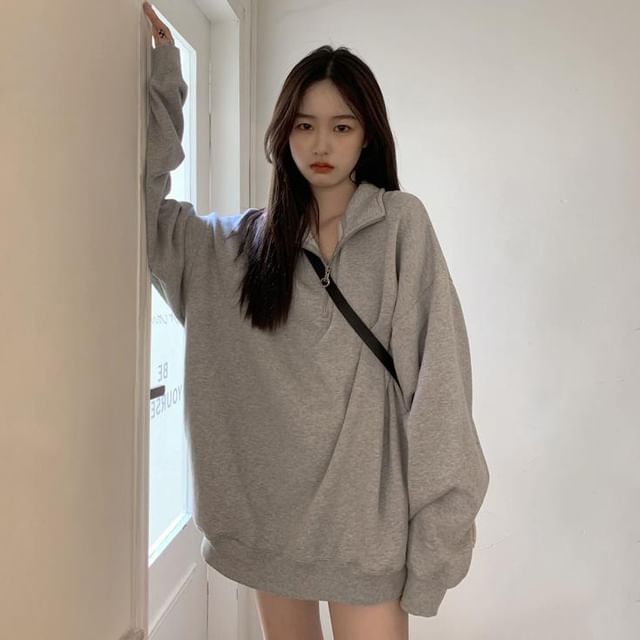CRIBI-Drop Shoulder Stand Collar Half Zip Oversized Pullover