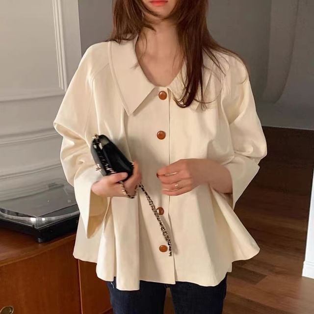 Happo-Long Sleeve Lapel Collared Plain Oversized Shirt