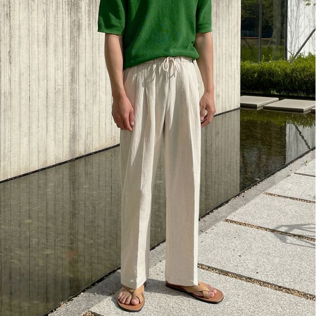 Omozando-Drawstring Waist Plain Loose Fit Pants