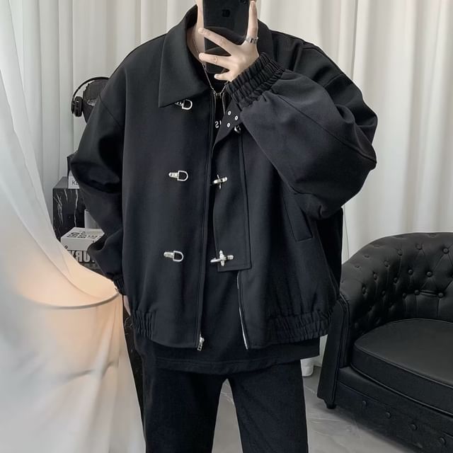 Ateso-Plain Single-Breasted Jacket Long-Sleeve Crew Neck T-Shirt Mid Rise Tapered Pants Set