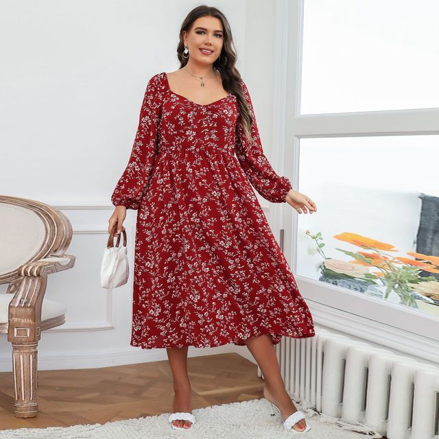 PlusPretty - Plus Size Long-Sleeve Floral Midi Smock Dress | YesStyle