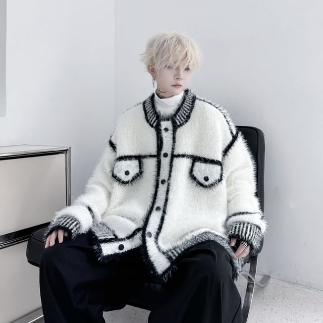ravewider-Round Neck Two Tone Oversized Cardigan