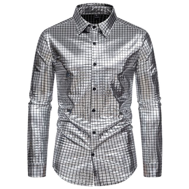 YIKES-Long Sleeve Collared Checker Glitter Button Down Shirt