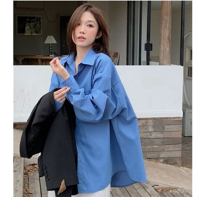 Duwnie-Long Sleeve Collared Plain Oversized Shirt