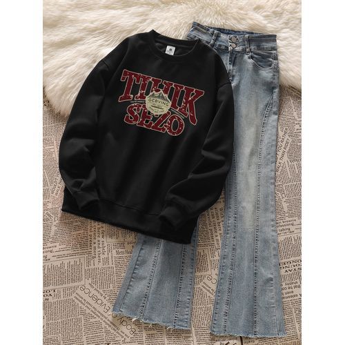 PUYE - Long-Sleeve Round Neck Lettering Sweatshirt / High Waist