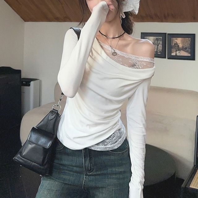 Gilmort-Long-Sleeve Off Shoulder Lace Panel Top
