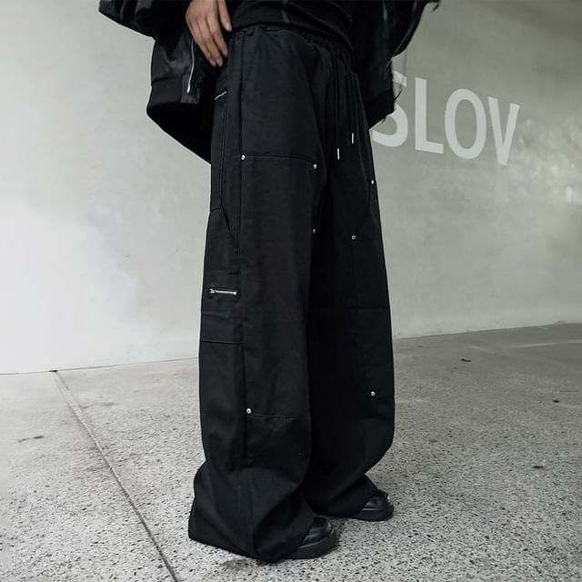 Okwano-Drawstring Waist Plain Panel Wide Leg Pants