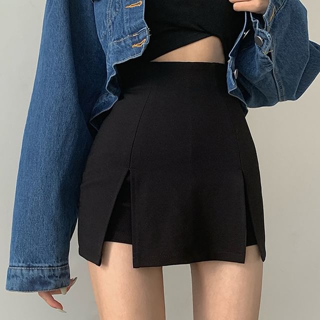 deersweeti-High Waist Plain Side-Slit Skort