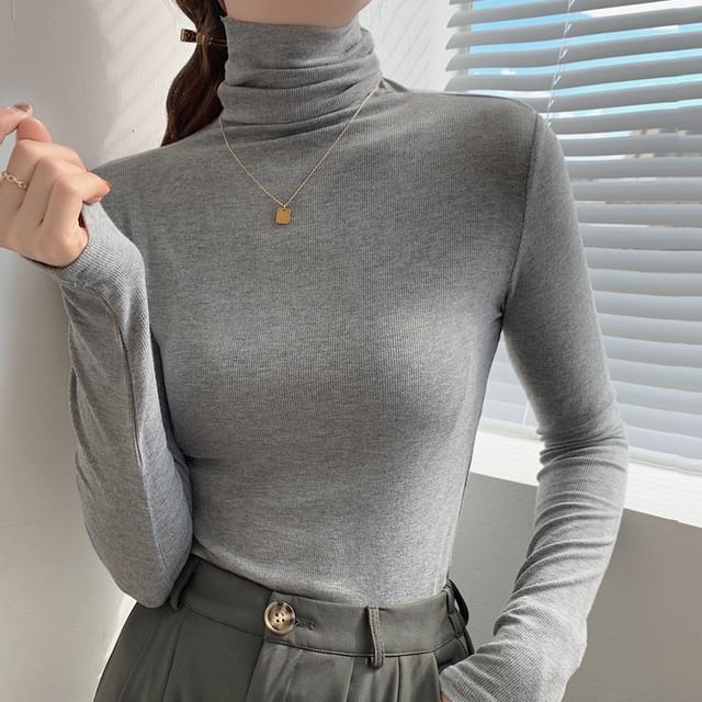 Magimomo-Long-Sleeve Turtleneck Plain Slim Fit Tee