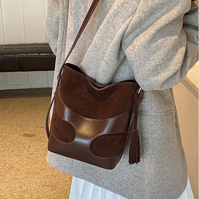 Skyglow-Panel Faux Suede Bucket Bag