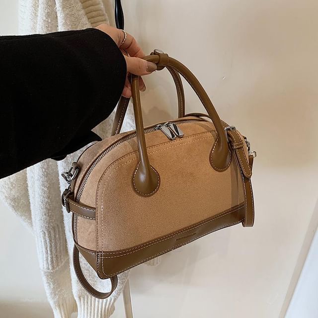 Basaran-Two Tone Faux Suede Bowler Bag