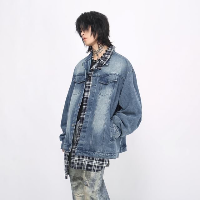 Derbundy-Collared Washed Denim Button Jacket