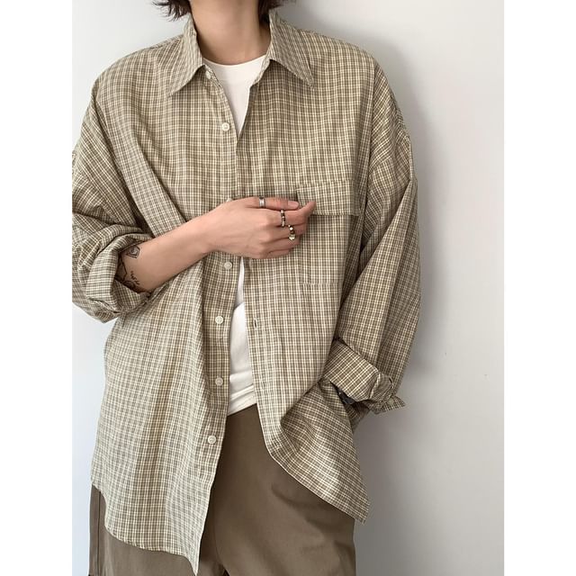 Omozando-Long Sleeve Collared Plaid Shirt
