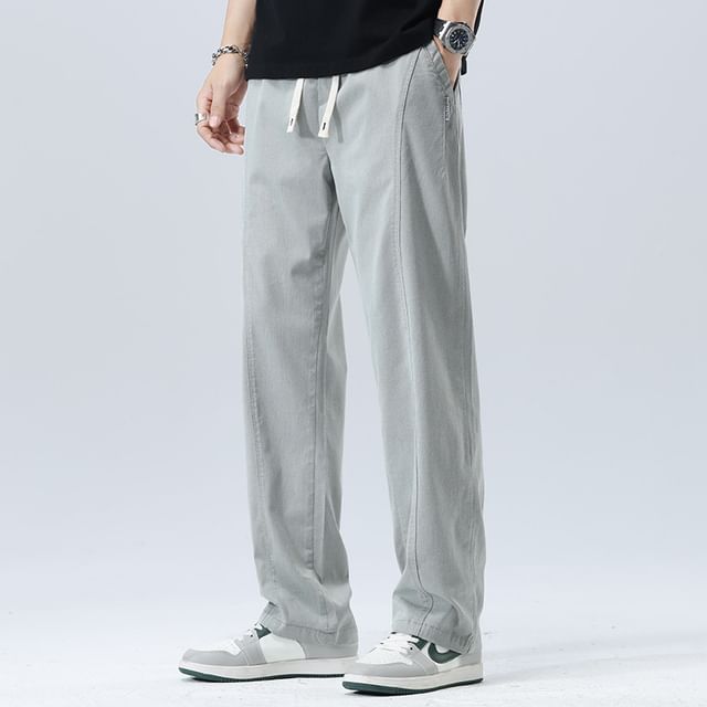 Denimic-Drawstring Waist Plain Straight Leg Pants