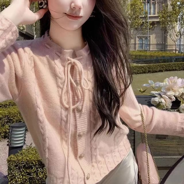 FR-Round Neck Plain Cable Knit Tie Front Cardigan